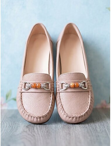  Roze damesloafers met wijde pasvorm van echt rundleer, versierd met metalen kralen en handgestikte mocassinneus. &Antislipzool, instapschoenen voor woon-werkverkeer en dagelijkse boodschappen. & reis