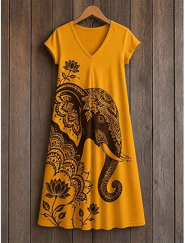  Damen Midikleid Shiftkleid T-Shirt-Kleid Sommerkleid Elegant Bohemien Urlaub Strand Party Ferien Normale Passform Stern Tropisch Kurzarm V Ausschnitt Blau Gelb Purpur Grün Sommer Frühling