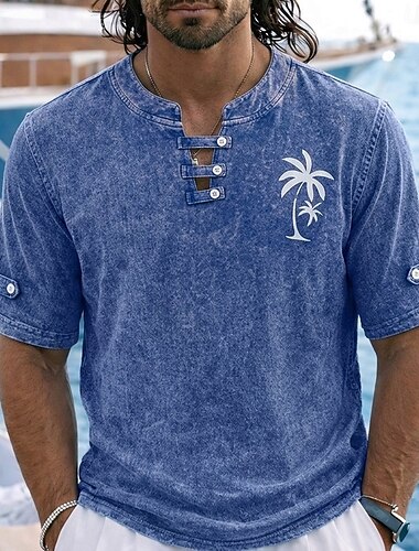  SoftFade™ Herre Polo Skjorter 100% Bomull Acid Wash Skjorte Uformell Ferie Kragefri Korte Ermer Mote Grunnleggende Palm Tree Knapper Vintage Sommer Vår Blå Rød Grønn Polo Skjorter