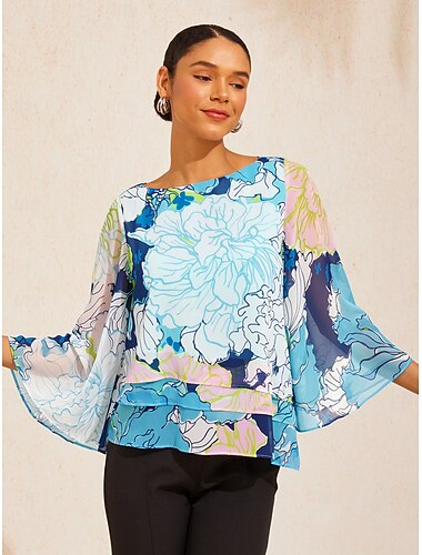  pastellfarbene, lagenbesetzte Chiffonbluse mit Pfingstrosenmuster