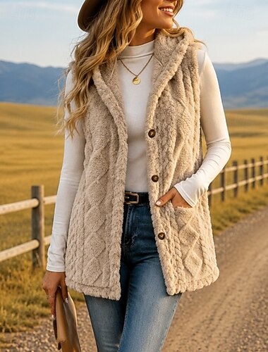  Dames Tuniek Knop Effen Bohemen Vintage Casual Mouwloos V-hals Capuchon Lange tops Casual Uitgaan Khaki Lente Herfst Winter