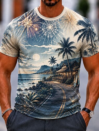  Voor heren Vuurwerk Kokospalm T-shirt Korte mouw T-shirt 3D-afdrukken Strakke ronde hals Overhemd Hawaii Retro vintage Casual Dagelijks Straat blauw Wit Licht Blauw Zomer Lente Kleding S M L XL 2XL