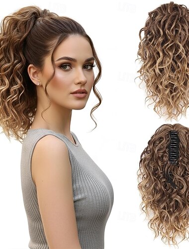  Extension per coda di cavallo con clip a artiglio - Coda di cavallo con clip da 30 cm, extension per capelli ricci, extension per coda di cavallo in capelli sintetici, code di cavallo con clip per