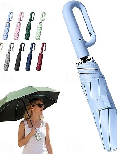  ombrello creativo antivento rinforzato con fibbia ad anello, ombrello pieghevole automatico compatto da viaggio con fibbia ad anello inversa, ombrello antipioggia, maniglia con moschettone portatile,