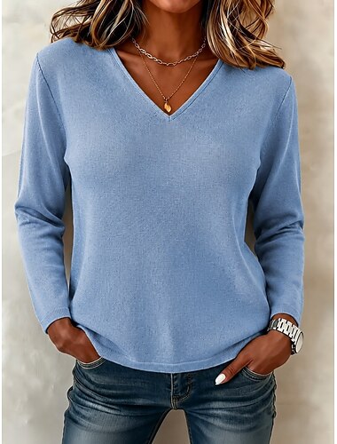  Damen Pullover Basic Lässig Gerippt V Ausschnitt Gestrickt Langarm Normale Oberteile Stricken Täglich Heim Arbeit Blau Schwarz Herbst