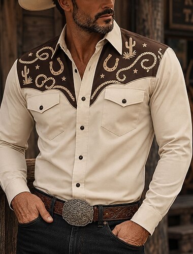  Per uomo Stella Piante Camicia Camicia Western Camicia da cowboy Manica Lunga Vintage Western Casuale All'aperto Primavera Autunno Collo ripiegato Due tasche anteriori Camicia tipo lino Camicie con