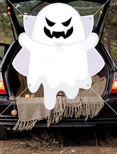  Knask eller knep bilbagasjeromsflagg plissert viftebanner halloween baklukedekorasjon minimal spøkelse søt skummel veranda hage utendørs hengende dekor