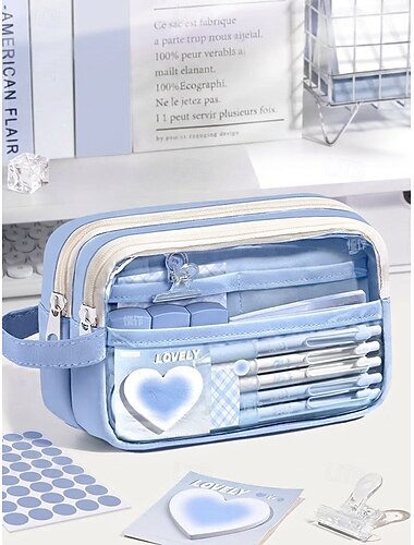  bleu  &Trousse violette pour étudiants, pochette à double fermeture éclair en polyester PVC, organisateur de fournitures scolaires transparent de grande capacité pour la rentrée scolaire, les cours et