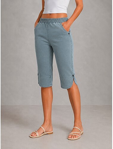  Damen Jeans Jeansstoff Caprihose Weites Bein Mode Wadenlang Mittlere Taille Komfort Dehnbar Urlaub Formell Marineblau Hellblau Grau Sommer Frühling Normale Passform