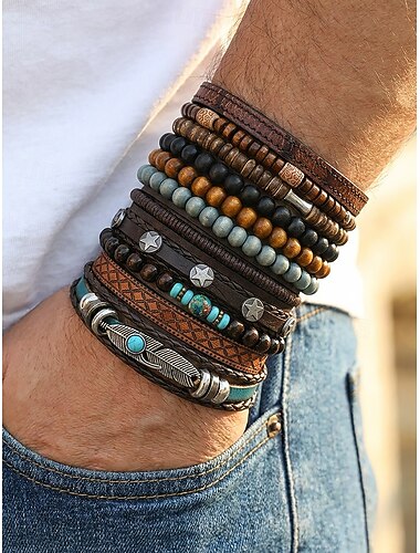  herre bohemsk lagdelt armbåndssett, 11 stk. treperlelegering i lær som kan stables, uformelle sommersmykker for strandferie, reise, festival, fest, daglig bruk