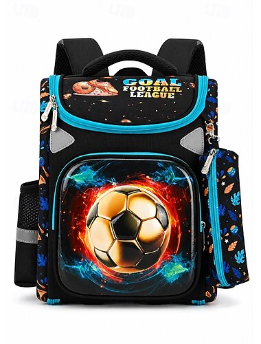  mochila infantil multicolorida &Estojo escolar impermeável em poliéster com estampa de urso e tema futebol, ideal para volta às aulas, faculdade e viagens. Possui amplo espaço interno e vários