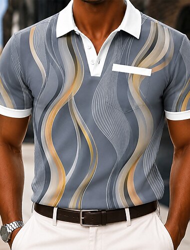 Herren Geometrisch Linie Poloshirts Kurzarm Polo-Shirts Hemden mit Kragen Business-Casual Outdoor Athleisure Alltagskleidung 3D-Druck Knöpfe Frühling & Sommer Schwarz Purpur Grün