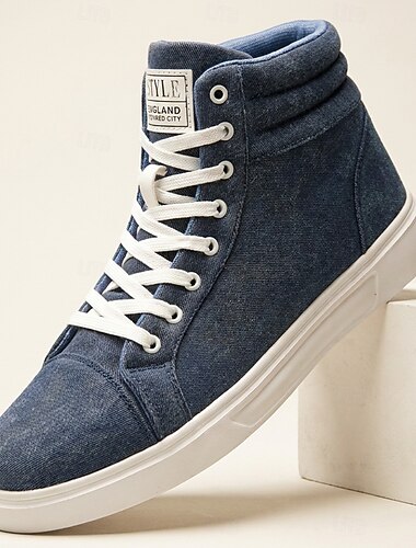  Tênis masculino de cano alto com cadarço, na cor azul marinho, estilo casual e esportivo para homens, ideal para caminhadas, viagens, faculdade, streetwear e looks do dia a dia.
