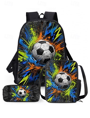  Set di 3 zaini da calcio per ragazzi con stampa di scarabocchi, zaino scolastico leggero in poliestere di grande capacità con scomparti multipli e borsa termica per il pranzo. &Astuccio per il ritorno