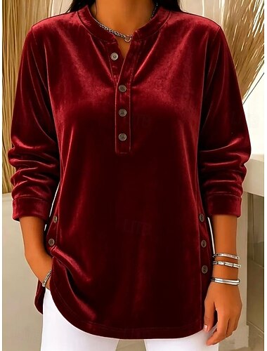  Dames Fluweel Boho-shirt Overhemd Button-down overhemd Effen Elegant Vintage Dagelijks Lange mouw Mandarijn Kraag Lange tops Casual blauw Blozend Roze Wijn Oranje Donkerblauw Herfst Winter