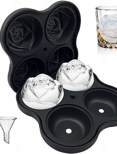  Molde para cubitos de hielo con forma de rosa de 4 cavidades, bandeja para cubitos de hielo de flores grandes de 6,3 cm con embudo, máquina de hielo de silicona con forma de rosa para whisky, bourbon,
