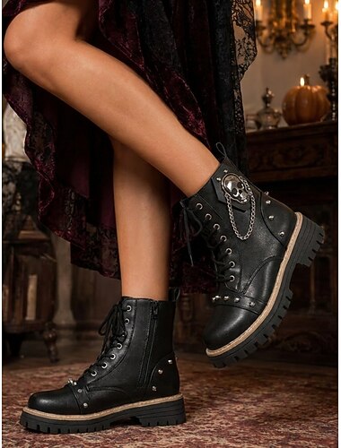  Schwarze Damen-Kampfstiefel mit Totenkopf – Gothic-Punk-Motorradstiefel mit Nieten und Profilsohle für Halloween-Kostüme und Streetstyle