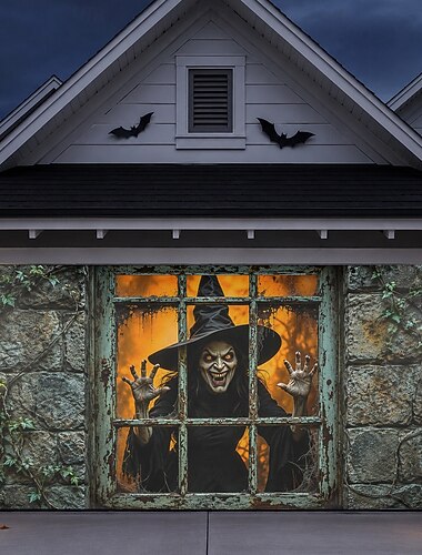  halloween garázsajtó borító transzparens boszorkány kísértetjárta szoba ablak horror hátborzongató szellem kültéri ijesztő kísértetjárta ház udvar veranda dekoráció előkert kiállítás