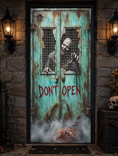  Cubierta de puerta de Halloween, zombie detrás de la puerta, pancarta "no abrir", entrada de prisión de muertos vivientes aterradores, fondo de puerta principal, porche, decoración de fiesta de casa