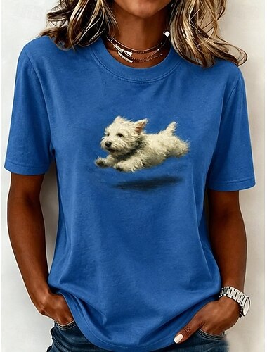  Dames T-shirt Kleurenblok Afdrukken Grafisch dier Hond Vintage Stijlvol Klassiek Korte mouw Strakke ronde hals Lange tops Casual Dagelijks blauw As Rood Groen Zomer Lente