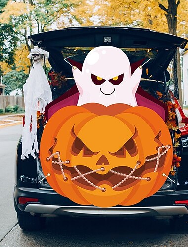  knask eller knep bilbagasjerom flagg viftebanner plissert halloween baklukedekorasjon jack o'lanterne skjelett hodeskalle gresskar skrekk utendørsdekor