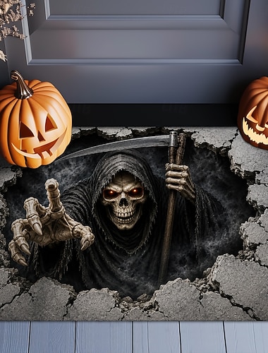  Zerbino di Halloween con illusione ottica 3D, scheletro incappucciato, zerbino per porta d'ingresso con falce e teschio, tappeto per interni ed esterni, spaventosa decorazione per il portico di