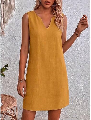  Femmes Mini robe Robes en coton et lin Robe fourreau Robe d'Été Robe Décontractée Basique Occasionnel Coupe régulière Couleur Unie Sans manches Col en V Col fendu Bleu Jaune Été Printemps Automne