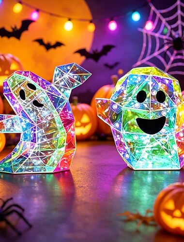  Luce notturna a forma di fantasma iridescente prisma di Halloween, statua di fantasma con luci LED colorate, graziosa lampada decorativa a forma di fantasma per Halloween, ideale per decorazioni da tavolo e feste al chiuso.