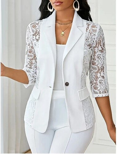  Dam Kavaj Lättvikt Jacquard Spets Lappverk Elegant Ledigt Formell Normal Hakslag Normal 3/4 ärm Ytterkläder Vit Svart Vin Sommar