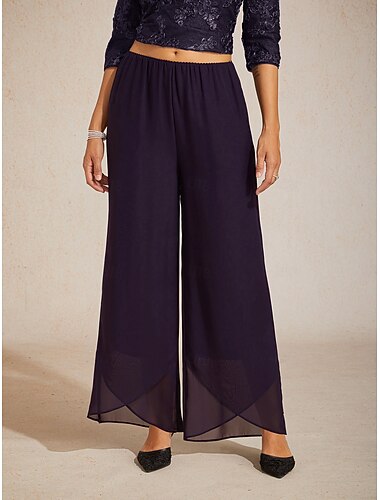  Dames Broek met rechte pijpen Elegant Volledige lengte Hoge taille Meerlaags Elastische tailleband Inelastisch Dagelijks Cocktailparty Bruiloftsgast Aubergine Zomer Lente Herfst Normale pasvorm