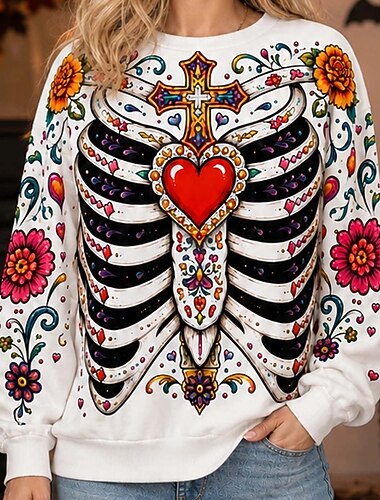  Halloween Sweatshirt Pullover Suiker schedel Skelet Ribbenkast Gotisch Spooky Street Style Strakke ronde hals voor Dames Volwassenen 3D afdrukken  voor Halloween Carnaval Feest Casual / Dagelijks