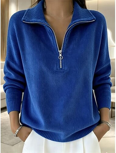  Camicia da donna in velluto a coste con cerniera - cerniera a un quarto, collo alto, maniche lunghe, casual, pullover autunnale