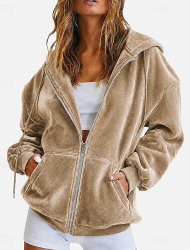  Mujer Sudaderas con cremallera Cerrar Plano Elegante Cálido Punk Manga Larga Con Capucha Tops regulares Casual Hogar Calle Azul Piscina Ceniza Azul marinero Rojo Naranja Otoño Invierno