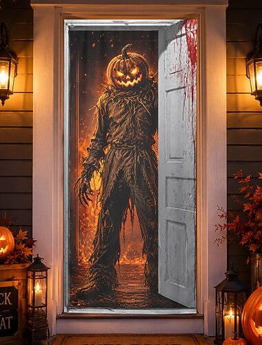  Cubierta de puerta de Halloween con diseño de espantapájaros con cabeza de calabaza aterradora y puerta abierta, escena de terror, pancarta de decoración de Halloween de otoño para puerta principal,