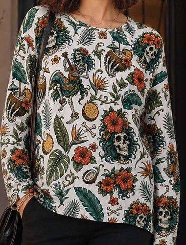  Halloween Sweatshirt Pullover Tropisch skelet Floral schedel Spooky Street Style Lange Mouwen Ronde hals voor Dames Volwassenen 3D afdrukken  voor Halloween Carnaval Feest Casual / Dagelijks