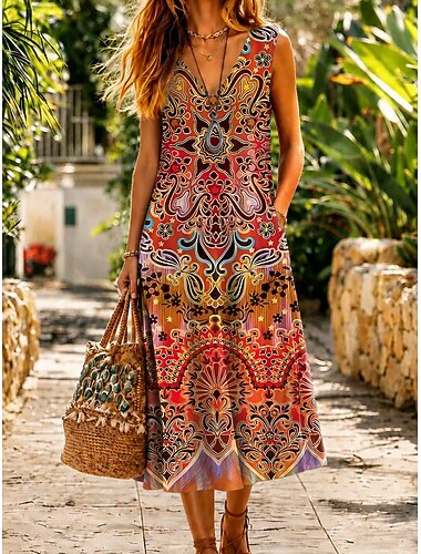  Mulheres Vestido midi Vestidos Para o Verão Vestido de verão Férias Casual Boho Diário Feriado Para Noite Normal Floral Estampado Cashemere Abstrato Sem Manga Decote V Azul Azul marinho Amarelo