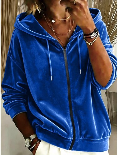  Damen-Samt-Hoodies mit Reißverschluss, Vintage-Stil, langärmelig, Kapuze, lässig, für Strand und Freizeit, in Blau, Rot, Lila und Grau, für Sommer, Frühling und Herbst