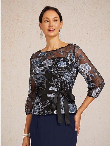  Damen Elegante Oberteile Bestickt Illusionsspitze Elegant Dreiviertelarm Rundhalsausschnitt Abendgesellschaft Hochzeitsgast Semi-Formal Schwarz Frühling Herbst Winter