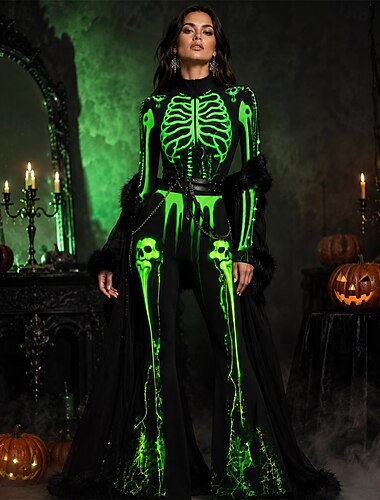  Halloween Combinaison combinaison Pantalon évasé squelette complet Squelette néon Impression Fermeture éclair avant Gothique Fantasmagorique Femmes Costume pour Club Soirée Halloween Carnaval Adulte
