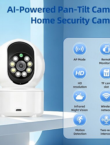  Telecamera di sicurezza per interni, HD 720p con panoramica/inclinazione a 360°, Wi-Fi, rilevamento del movimento tramite IA, visione notturna a colori, audio bidirezionale e tracciamento intelligente