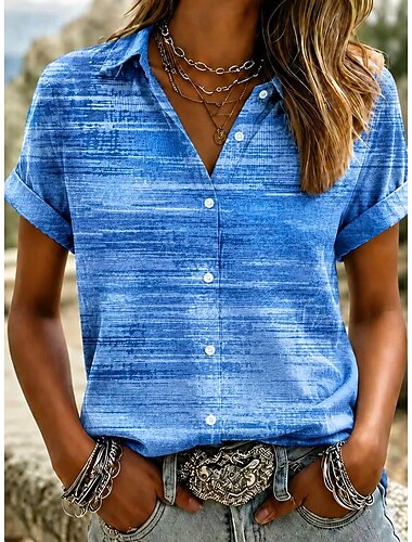  Dames Overhemd Knop Afdrukken Grafisch Abstract Vintage Dagelijks Stijlvol Korte mouw Overhemdkraag Croptops Casual Dagelijks blauw Fuchsia Groen Zomer Lente