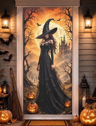  halloween ajtóborító gótikus boszorkány ajtó banner telihold kísértetkastély tök jelenet bejárati ajtó hátteret verandára bejárat halloween party dekoráció