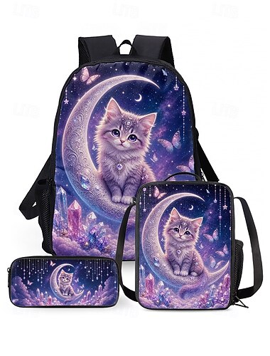  Set di zainetto per bambina con motivo luna e gatto, borsa scolastica leggera in poliestere con borsa per il pranzo. &Astuccio, set da 4 pezzi con numerose tasche e grande capacità per la scuola