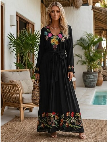  caftán de algodón bordado para mujer, vestido largo, vestido de línea A, vestido ajustado y acampanado, elegante, casual, de vacaciones, corte regular, floral, manga larga, cuello redondo, negro