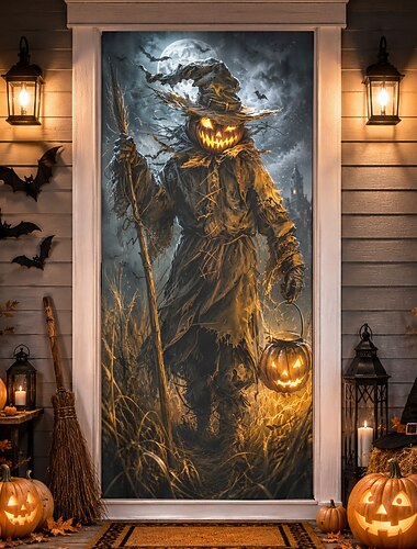  Decoración para puerta de Halloween: calabaza, espantapájaros, pancarta para puerta, linterna de calabaza, sombrero de bruja, escoba, casa de campo embrujada, puerta principal, porche, entrada,