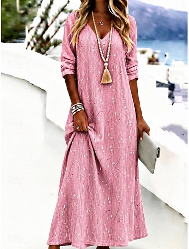 Women's Maxi Dress Sundress Sheath Dress Vacation Casual Boho Daily Holiday Regular Fit Floral Graphic Long Sleeve V Neck Blue Pink Purple Summer Spring Fall