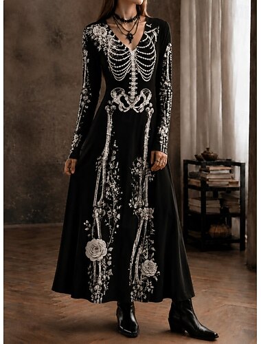  Halloween Dames Maxi-jurk A lijn jurk Vakantie Feest Casual Dagelijks Feest Feestdagen Normale pasvorm Bloemig Blad Doodskoppen Lange mouw V-hals Zwart Lente Herfst