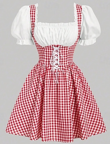  Oktoberfest Vestito Dirndl Completo Dirndl Mini carico Pizzo Quadretti rossi Collo quadrato Cameriera Sexy Tedesco Alpino Prati Per donna Carnevale Festa della birra Panno in stile tradizionale