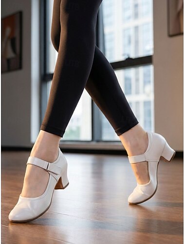  Scarpe da ballo da sala bianche da donna, scarpe da ballo Mary Jane in pelle con tacco basso e cinturino regolabile per balli da sala, valzer, tango, foxtrot e balli sociali. &pratica di danza