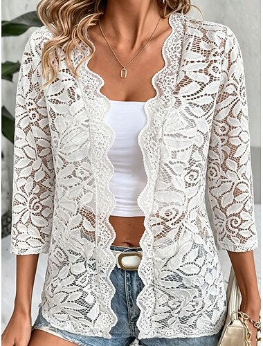  Damen Freizeitjacke Spitzenjacke Atmungsaktiv Öffnung vorne Elegant Blumen Lässig Regulär Kragenlos Normale Passform Dreiviertelarm Oberbekleidung Weiß Schwarz Sommer Frühling
